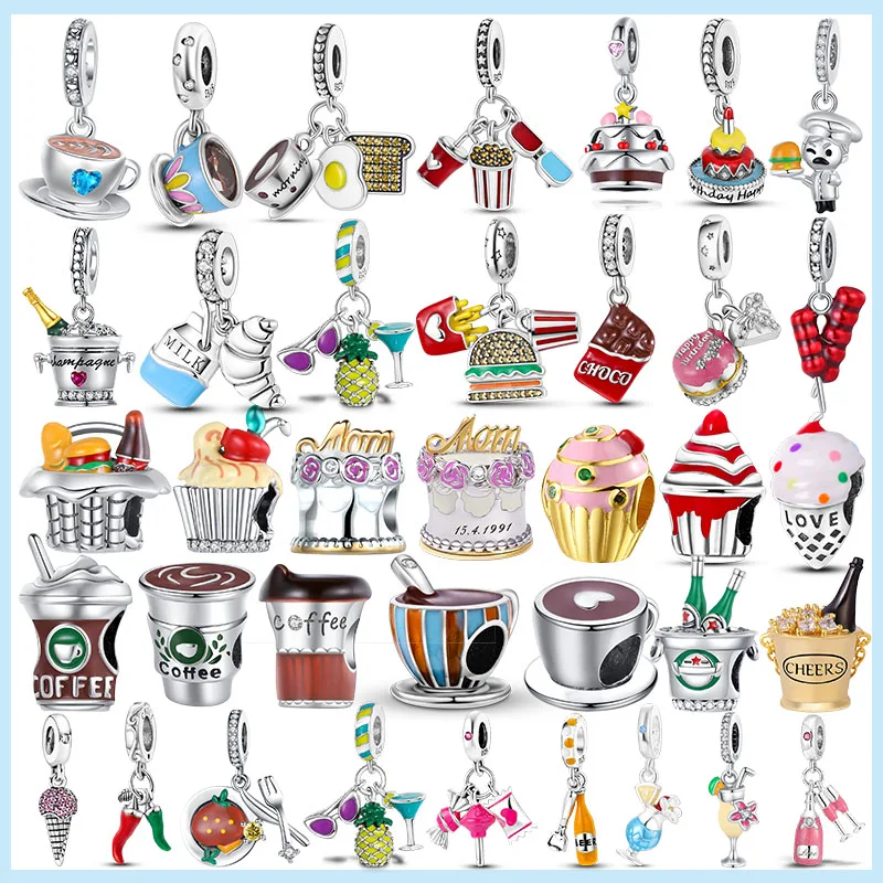 Silver 925 Original Birthday Cake Hamburg Chocolate Charm Popcorn Beer Coffee Cocktail beads For Bracelet Jewelry Gift For Women