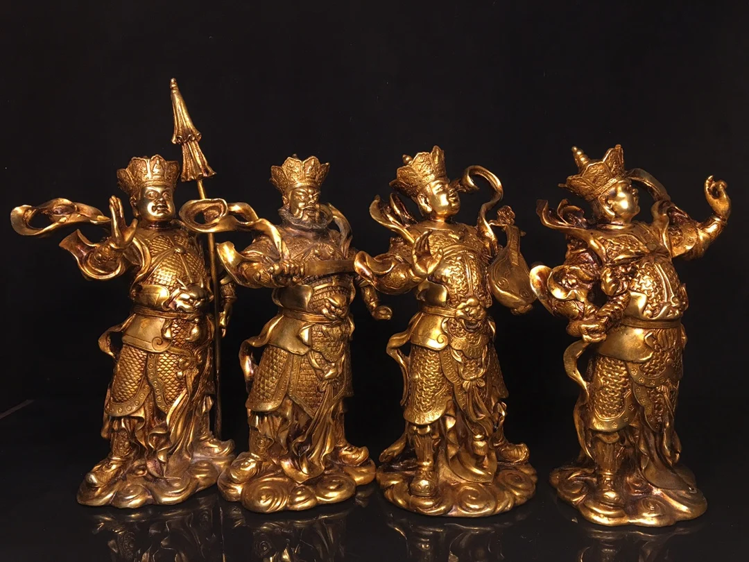 

10"Tibetan Temple Collection Old Bronze Gilded Cinnabar The Four Heavenly Gods Four Guardians Standing Buddha Worship Hall