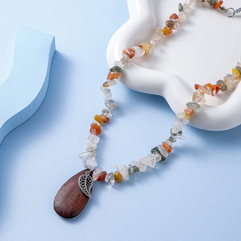 Handmade Natural Stones Beaded Vintage Necklace with Water Drop Wood Pendant Women's Ethnic Colorfull Necklace for Women