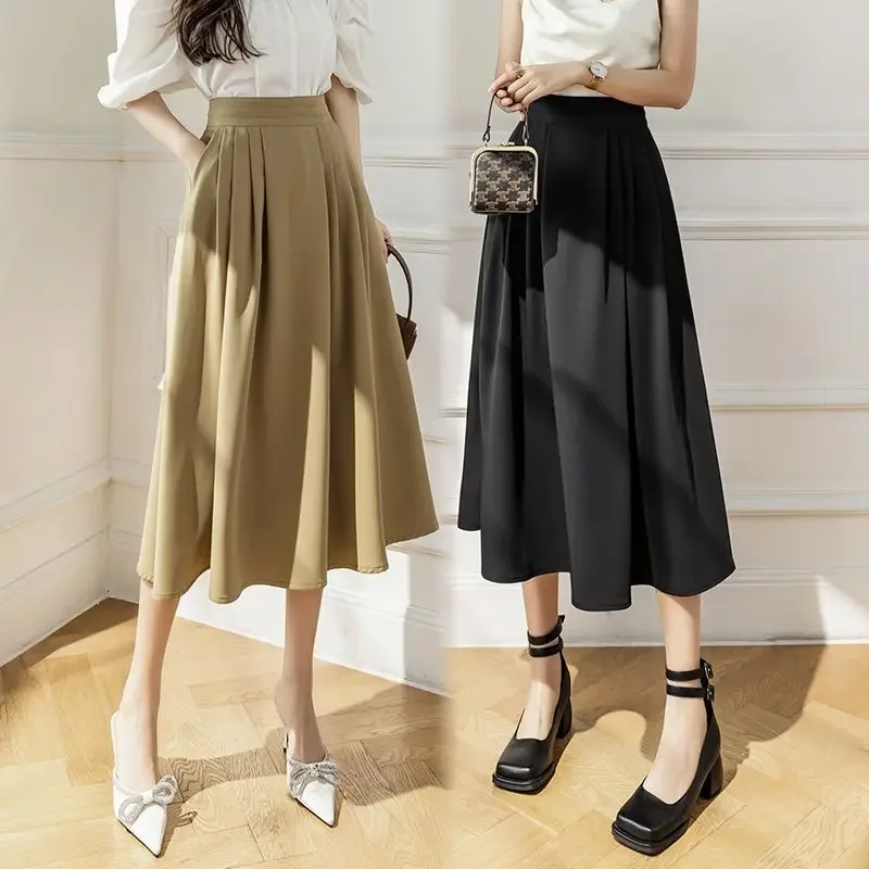 

Streetwear Temperament Pleated Office Lady Knee-length Solid Pockets Spring Summer Thin Casual High Waist Loose Women's Clothing