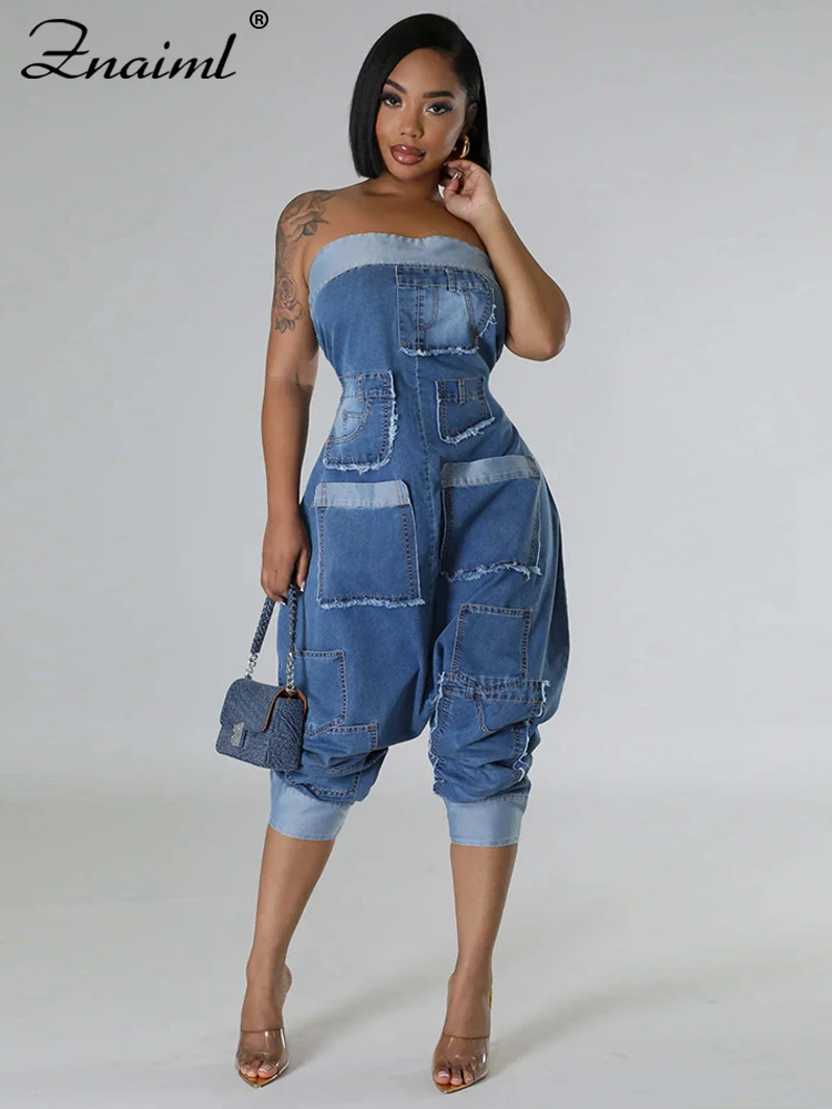 Znaiml Streetwear Denim Strapless Jumpsuits Cargo Pants Women’s Sleeveless Off Shoulder High Waist Pockets One Pieces Overalls