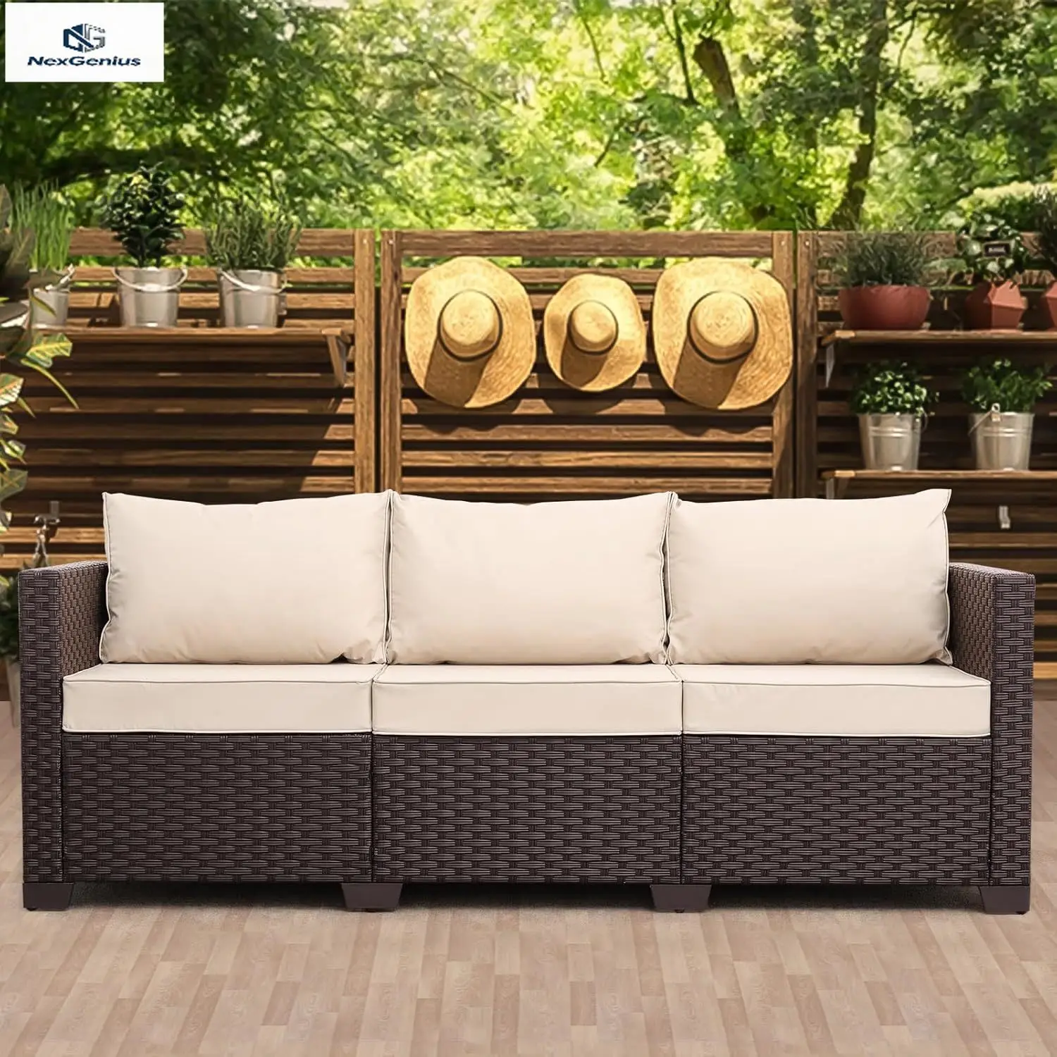 

Плетеная уличная диванная группа для патио, трехместная, с глубоким сиденьем, высокой спинкой, нескользящими подушками цвета хаки, уличный диван