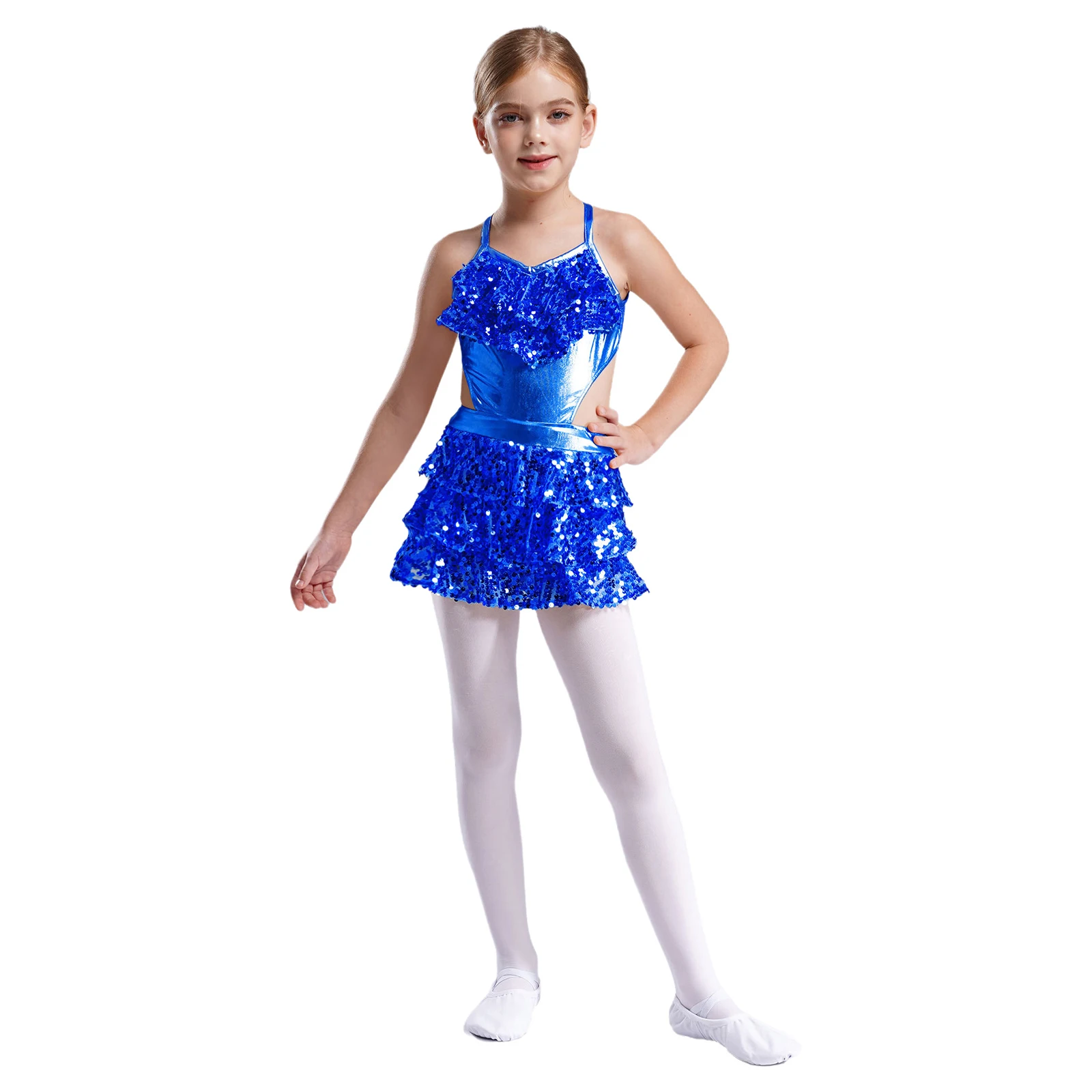 Traje de actuación de baile latino con lentejuelas para niñas, mono, vestido metálico, Ropa de escenario de baile de Jazz y porristas