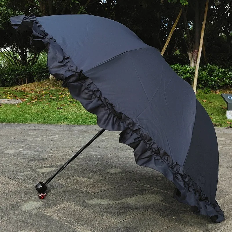 Classic Three Folding Sun Umbrella With Lotus Leaf Edge Lace For Sun Protection And Shade, Large Solid Color Sunny Umbrella