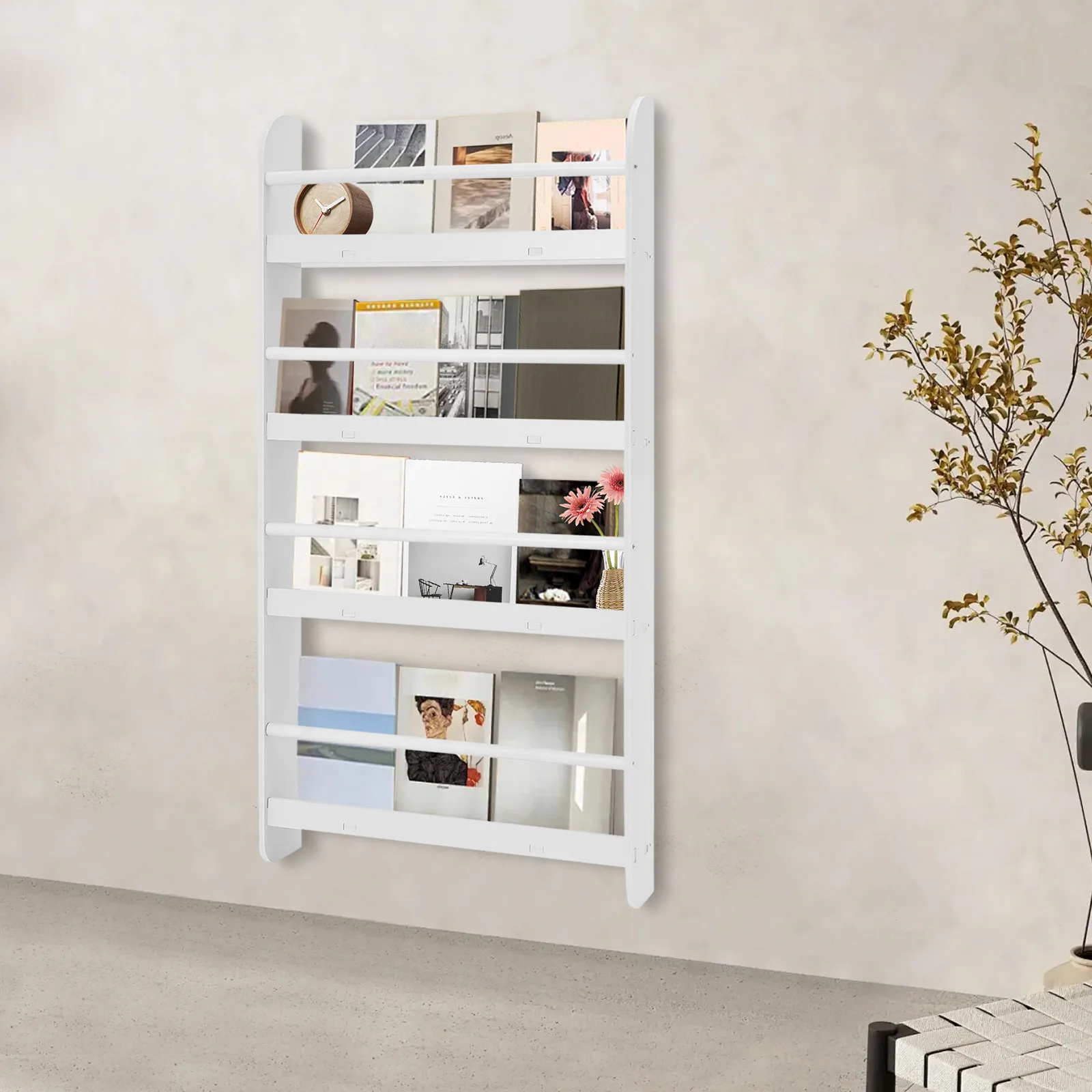 

White 4-Tier Wall Mount Bookshelf, Kids Book & Magazine Rack, for Bedroom & Playroom, Space-Saving