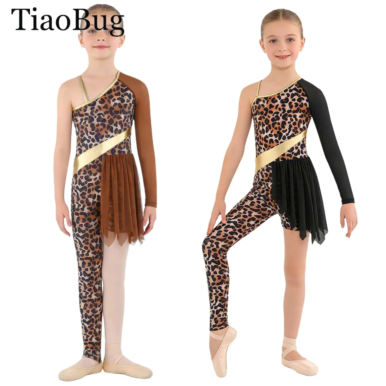 

Girls Indian Indigenous Costumes Asymmetrical Leopard Print Leotard Bodysuit Jumpsuit Caveman Savage Halloween Fancy