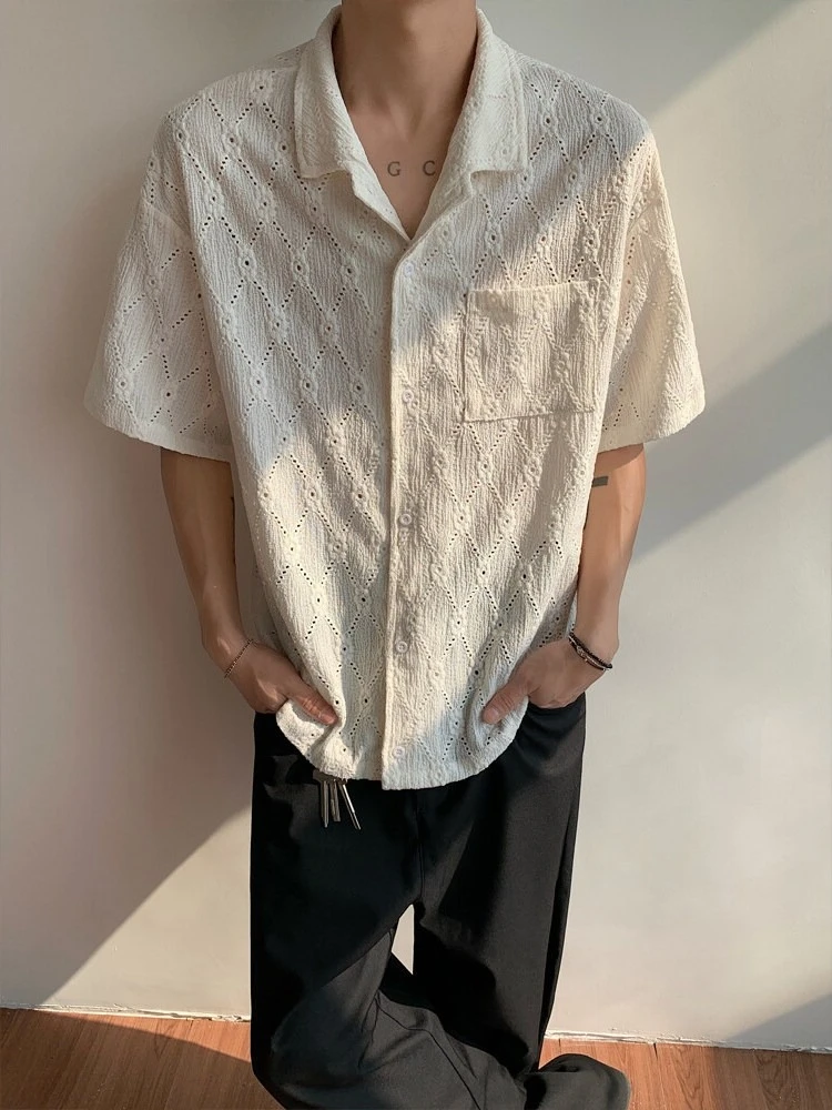 

American Retro Short Sleeve Shirt Men Summer Fashion Breathable Openwork Design Loose Cuban Collar Polo Top