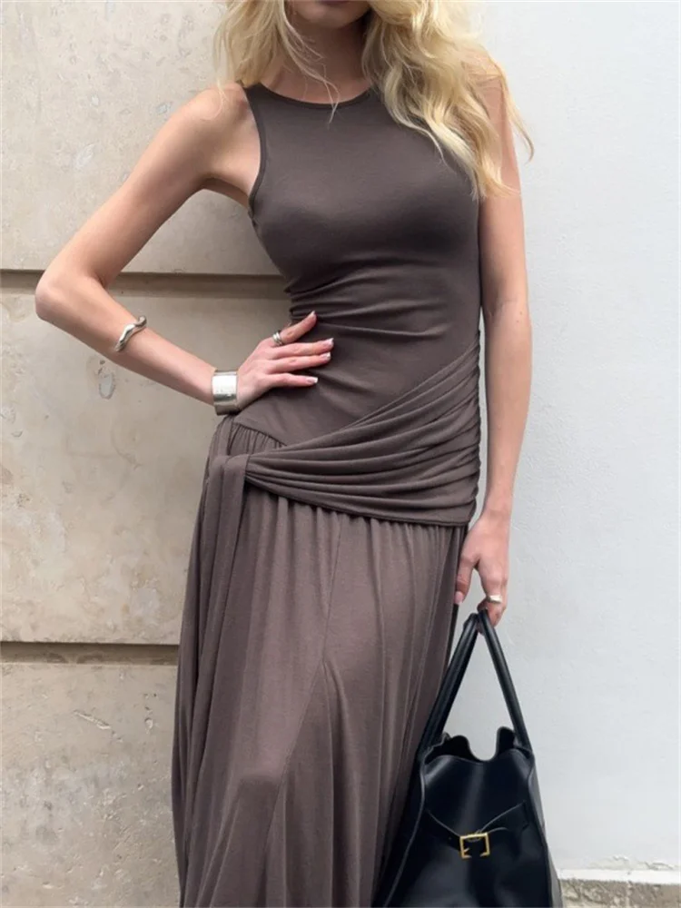 

Tossy Sleeveless Bandage Ruffled Long Dress Female Slim Pleated Solid Spring 2025 New Lace-Up Dress Women's Sexy Bodycon Dress