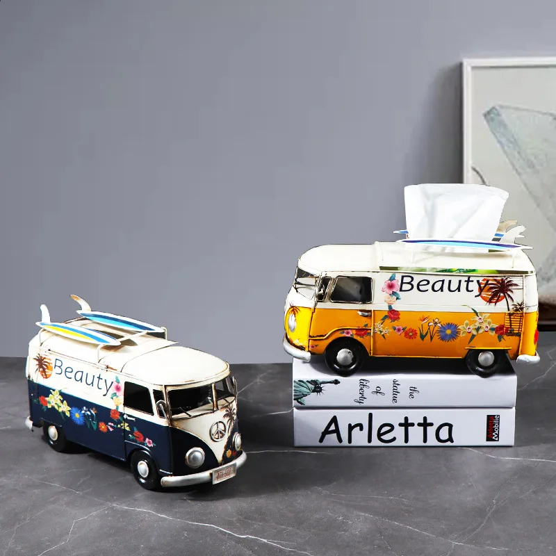 

style Vintage Bus Model Iron Hand-worn Imitation Car Creative Tissue Box Home Living Room Decoration Holiday Gifts To Children