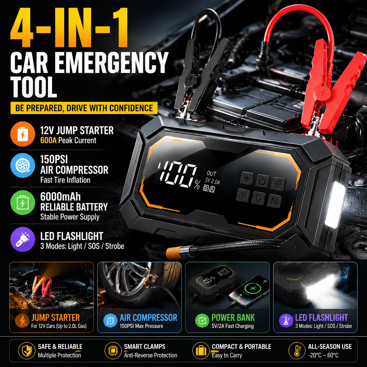 

Portable 4 In 1 Car Jump Starter with Air Compressor 150PSI Tire Inflator 12V Battery Starter Power Bank LED Flashlight 6000mAh