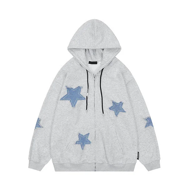 Vintage Star Patch Hooded Sweatshirt Fall and Winter Fleece Loose Casual Couple Cardigan Jacket