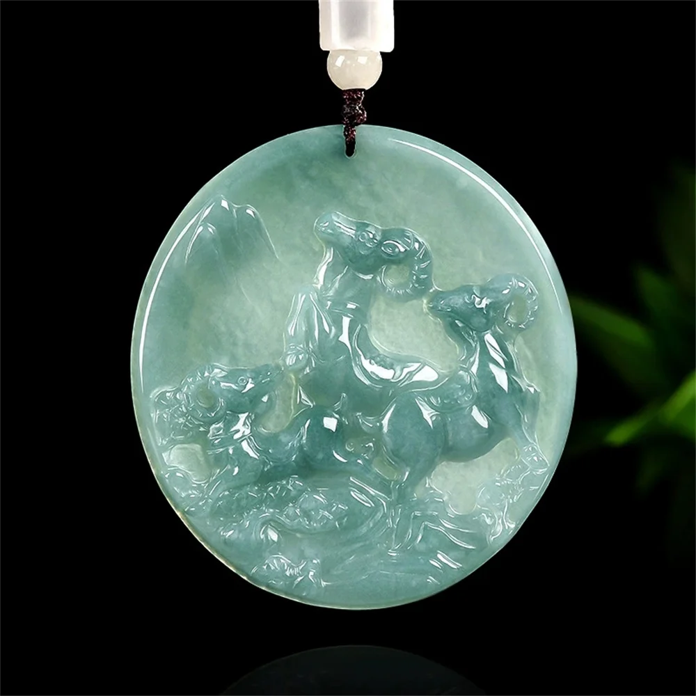 Natural Ice Green Jadeite Carved Chinese Three Sheep Lucky Pendant Amulet Necklace Certificate Luxury Jade Trendy Jewelry
