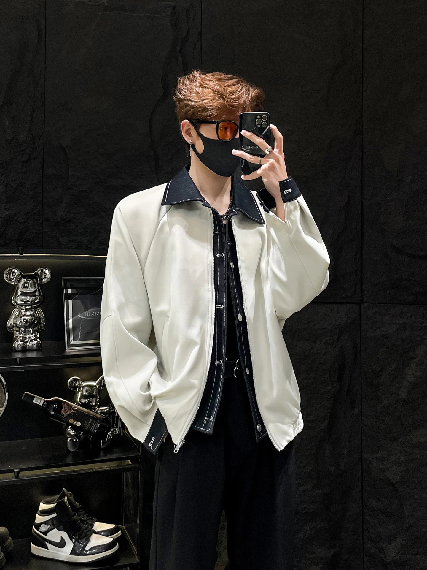 

Casual Loose Men's Jaet Color Blo Collar Design Faionable Outerwear Spring Season Long Sve Zipper Closure No Inner P...