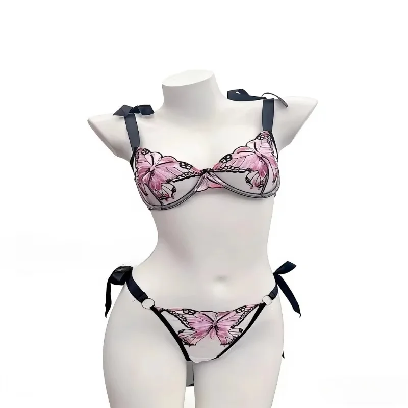 Ultra-Thin Sexy Lace Sheer Lingerie Set For Women French Butterfly Embroidery Push Up Bra Soft Underwire Support Date Night Wear