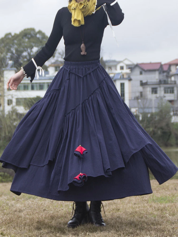 2022 New Cotton Linen Women Medieval Skirt Fashion Solid Retro Eid Style Irregular Hem Pleated Skirt Muslim Long Skirt