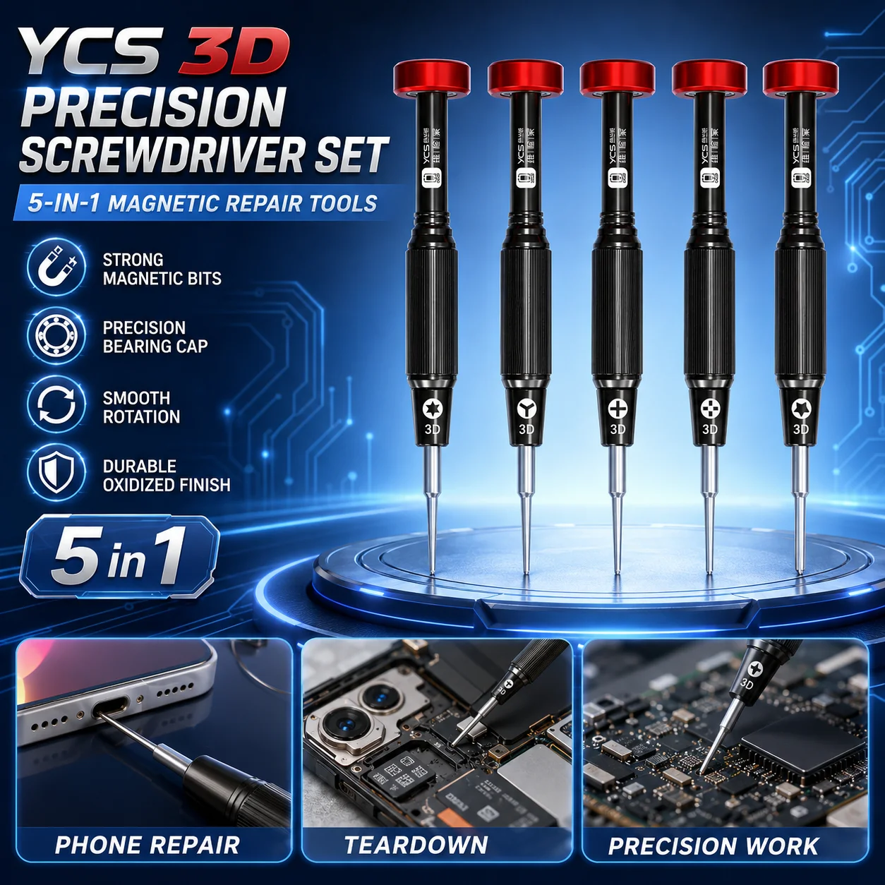 

YCS YCS-T05 3D High Precision Screwdriver Set Magnetic Mini Bolt Driver Kit for Mobile Phone Electronics Disassembly Repair Tool