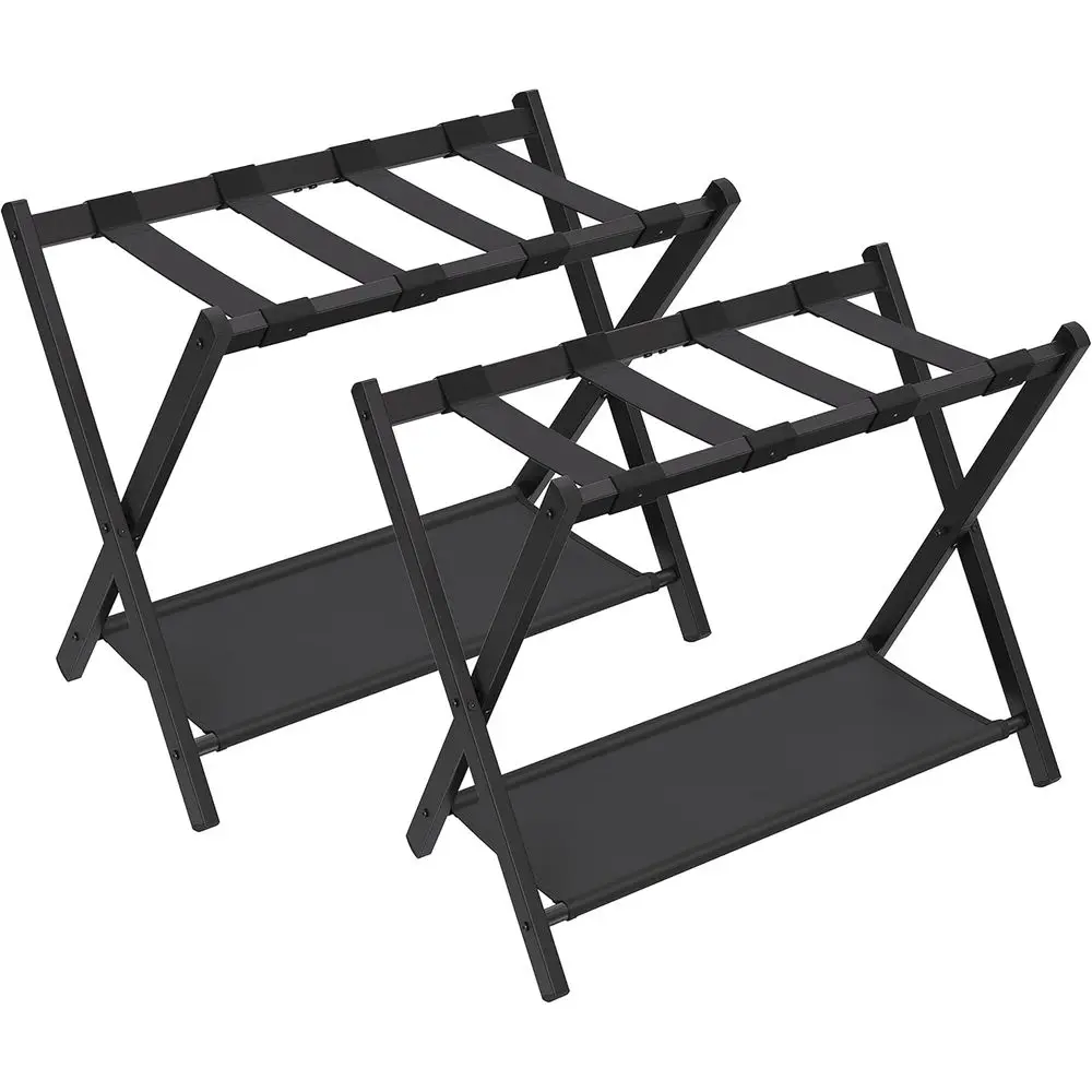 Double Suitcase Stand with Storage Shelf, Steel, Foldable, Ideal for Hotels and Bedrooms, Black