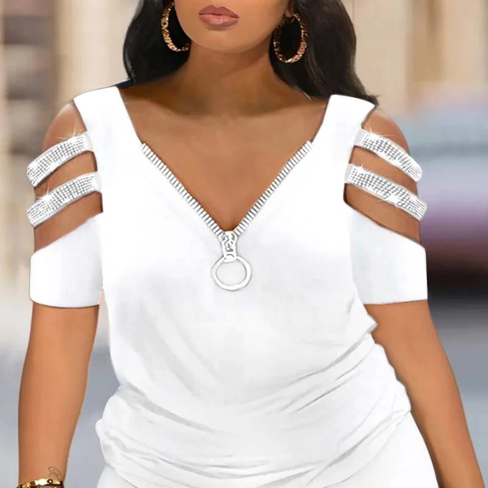 Plus Size White Daily Cut Out Zipper Cold Shoulder V Neck Cotton Two Piece Short Sets