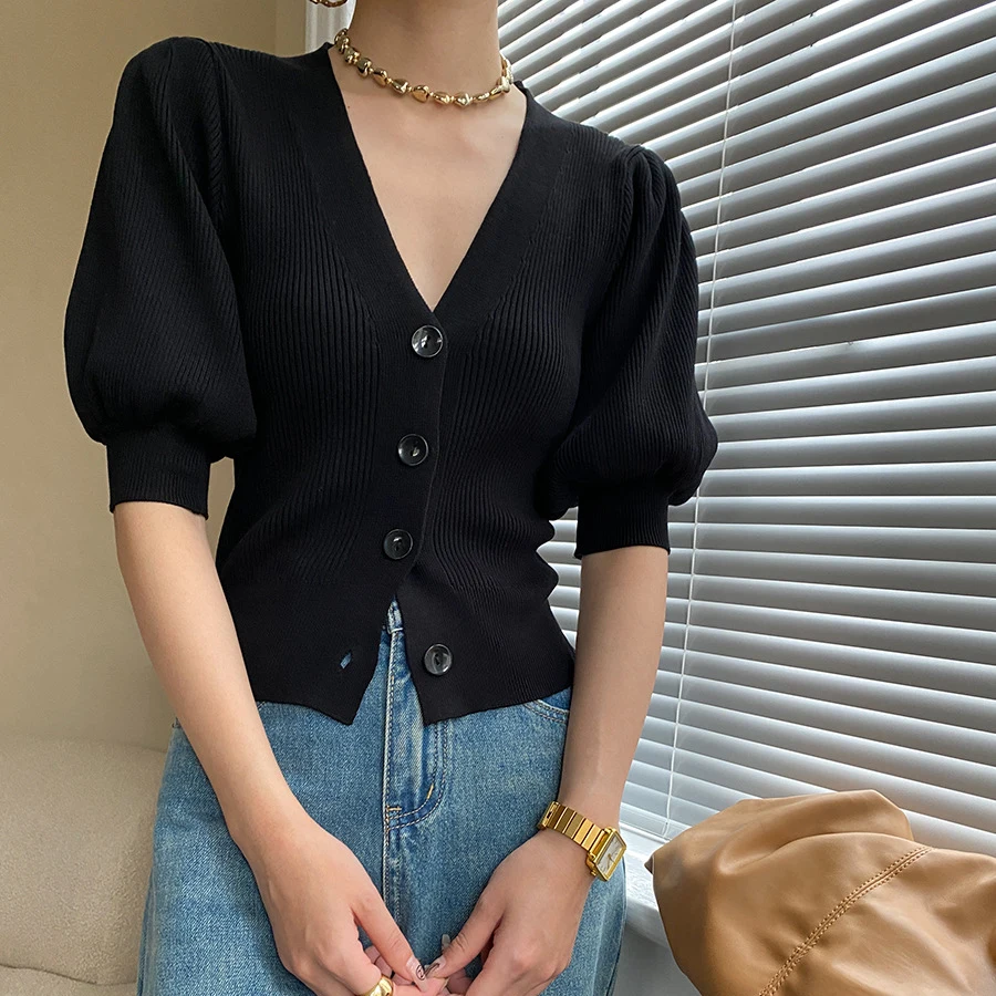 Women Knitted V-Neck Pullovers Puff Half Sleeve Women Sexy Sweater Slim Cardigans Outwear