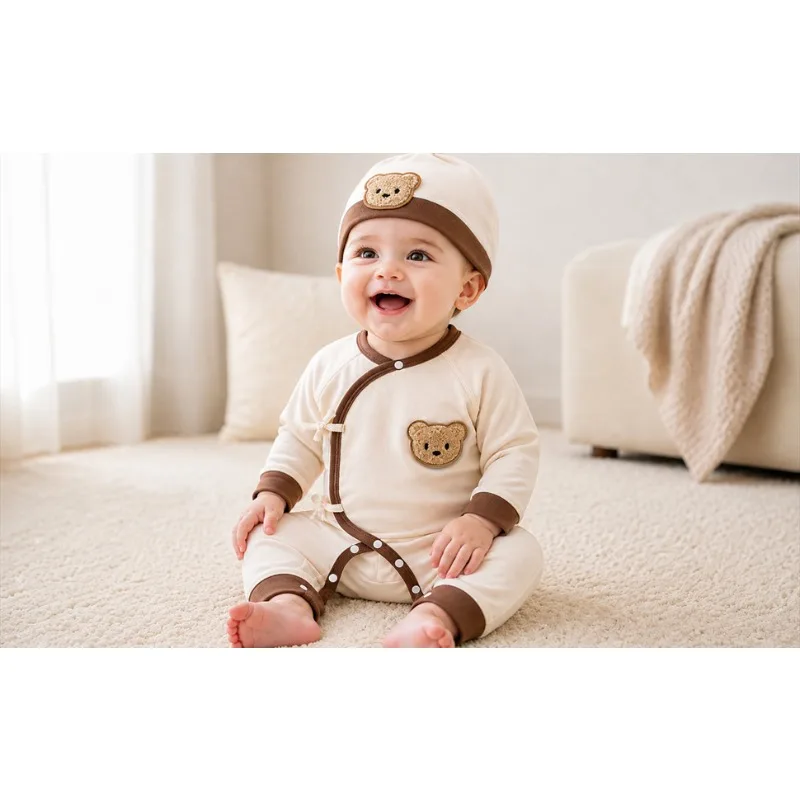 Babyfond Neutral newborn bear embroidery jumpsuit 2-piece set with long sleeves and full zipper closure