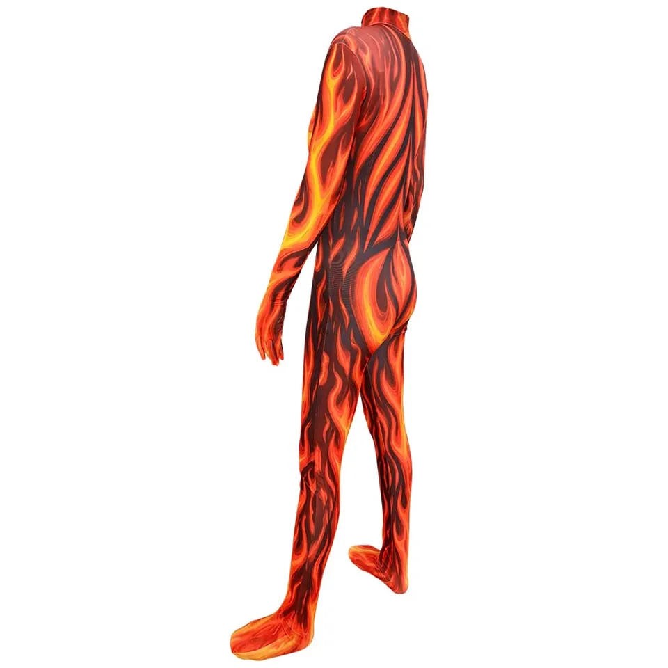 Body de cuerpo entero con estampado realista de llamas de fuego, unisex para adulto, disfraz de demonio para Halloween 4