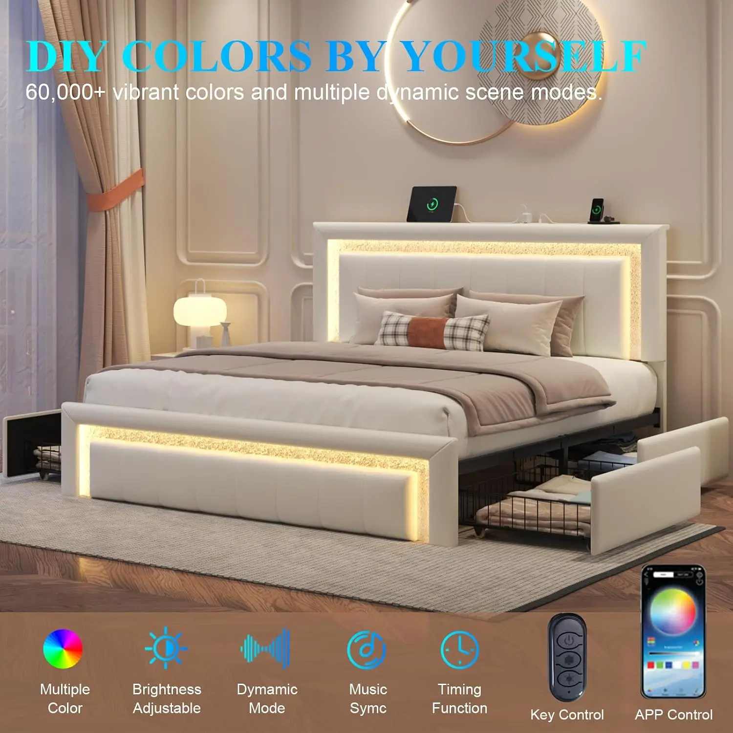 Queen Bed Frame with Charging Station, Storage Drawers, Upholstered White | Platform Bed with LED Lights, PU, Customized image 6