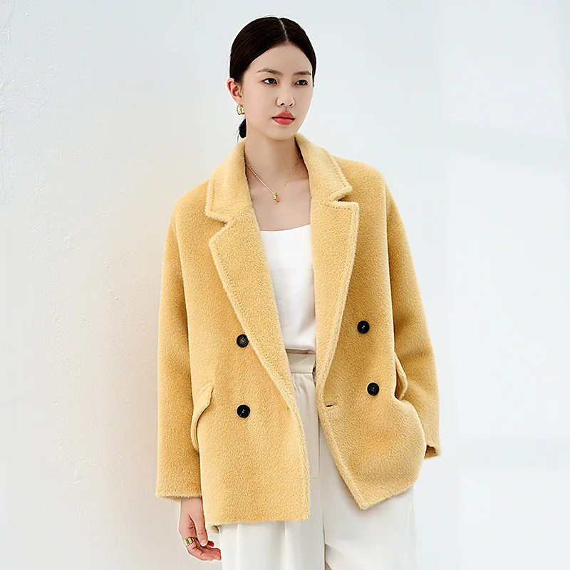 2023 High-end Suit Collar Coat Women 100% Alpaca Wool Coat Winter Black Thickened Coat Women Loose Casual Fashion Soft Warm Jack