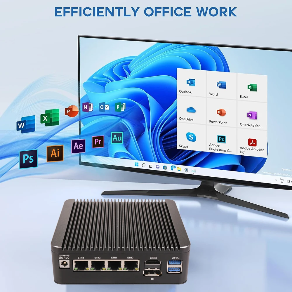 HUNSN Micro apparecchio firewall, Pentium Gold 4417U, RS34, PFSense, 4LAN, Mikrotik, Mini PC, OPNsense, VPN, Router PC, HD, DP, Slot SIM, TypeC