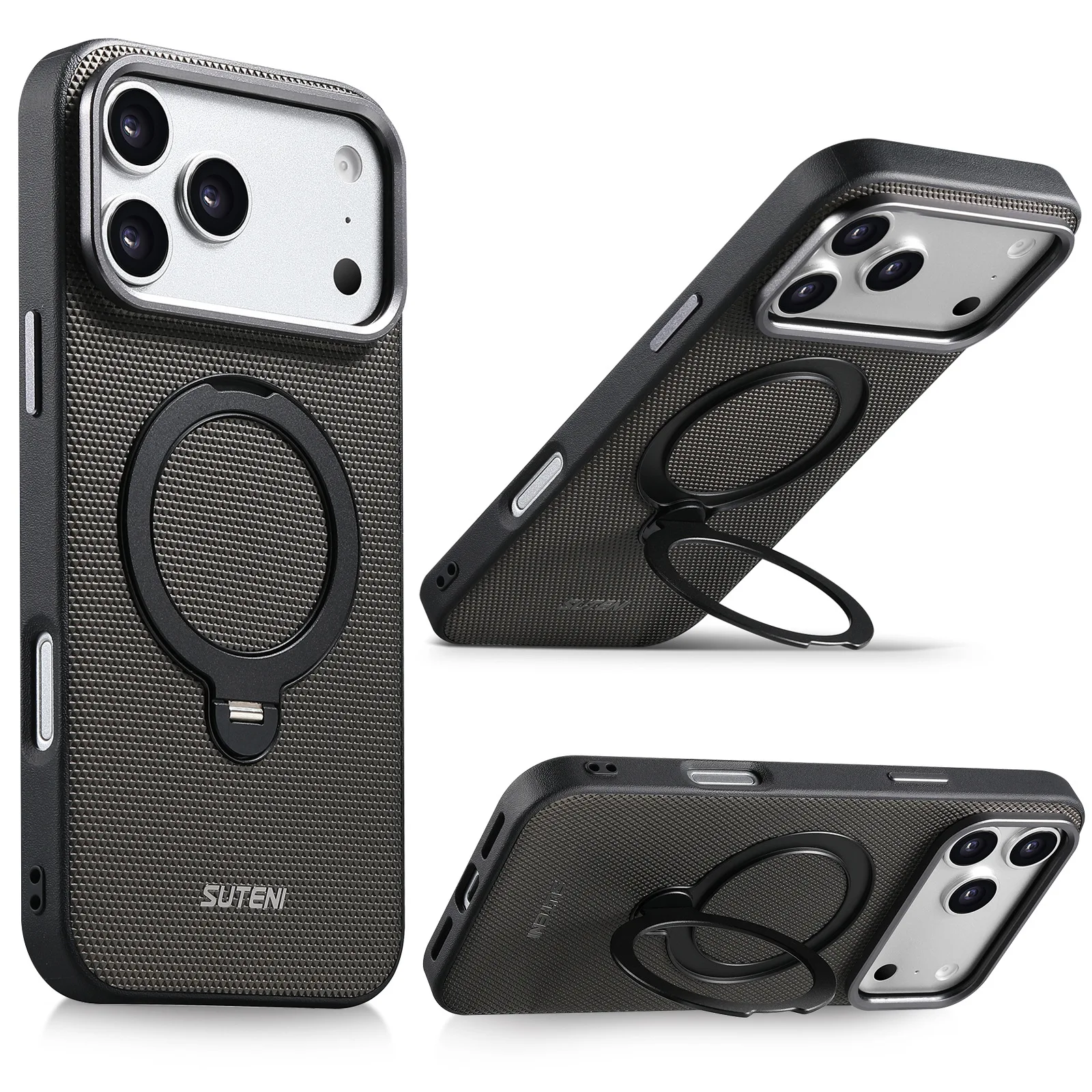 Metal Lens Frame Magnetic Wireless Charging 360° Rotating Ring Stand PU Leather Case For iPhone 17 16 15 14 18 Pro Max Cover