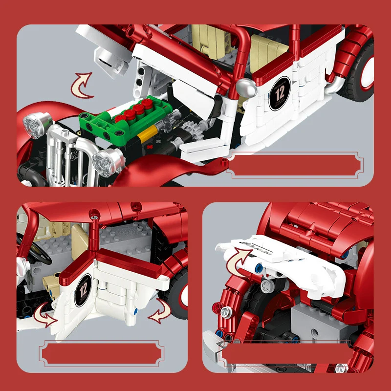 Blocco tecnico 1934 Francia 11CV Rc Modello di auto d'epoca Radio 2.4ghz Veicolo telecomandato Costruzione di mattoni Giocattoli RC