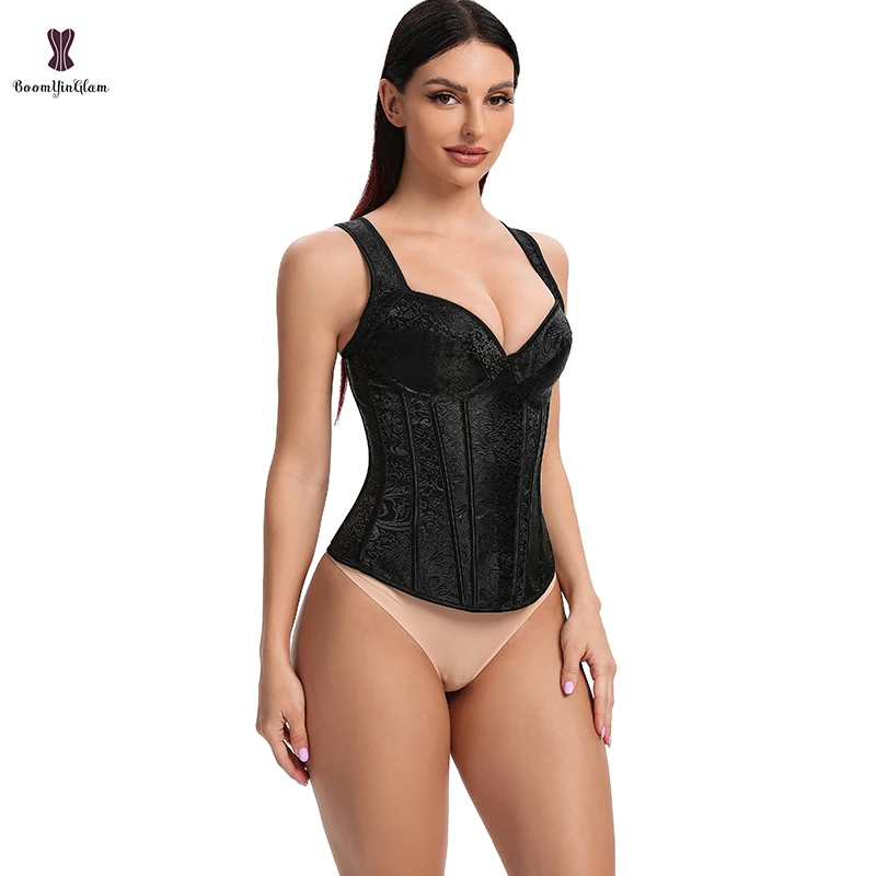 Should Strap Bodice Zip Chest Binder Bustier Lace Up Boned Corset Gothic Corselet Sexy Lingerie Korset Women Body Shapewear