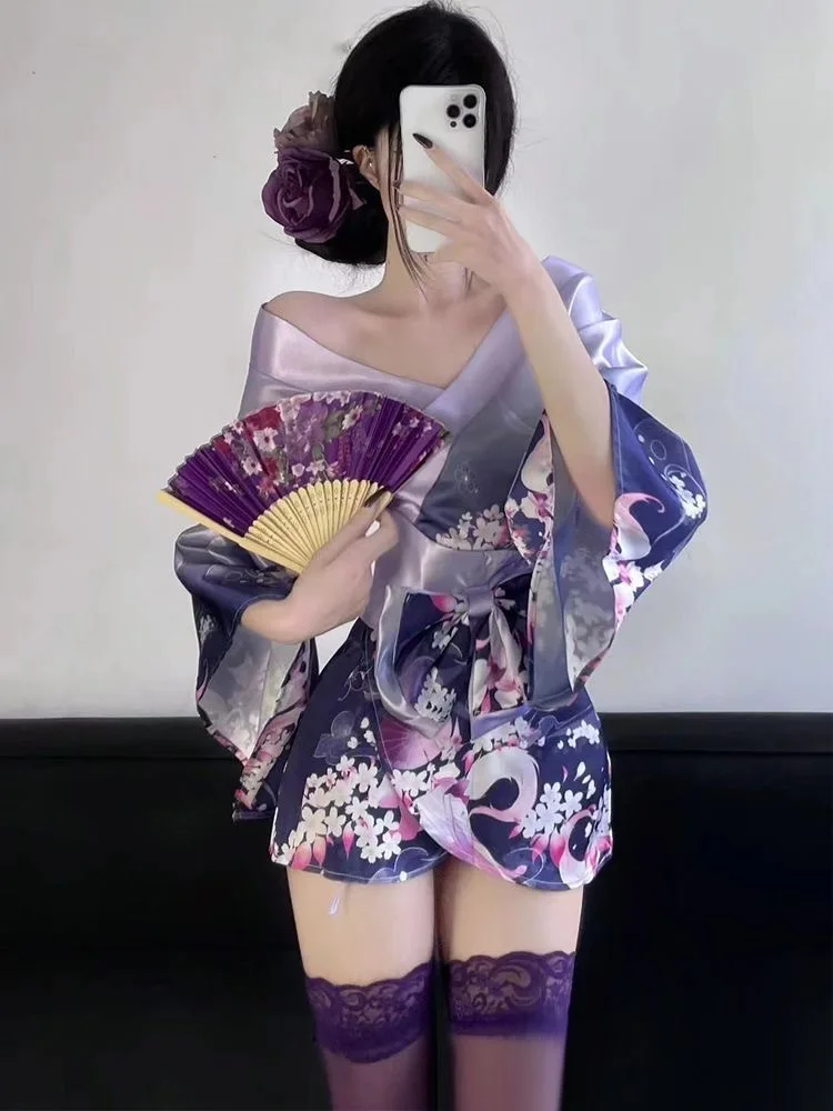 Purple Kimono Sexy V Neck Mini Dress Flower Dream Anime Cardigan Clothing Printing Dress Elegant Fashion Women Tops PQ1P