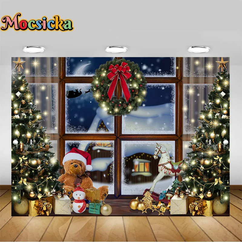 

Mocsicka Photography Background Christmas Night Window Winter Snow Xmas Trees Kids Family Portrait Decor Backdrop Photo Studio