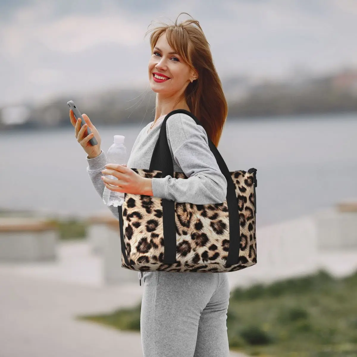 Custom Leopard Print Beach Tote Bag Women Extra Large Gym Carry On Animal Skin Travel Shopping Bags