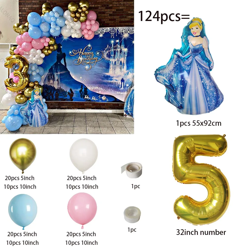 124pcs Disney Princess Cinderella Balloons Set 32inch Number Globos Cartoon Theme Birthday Party Decor Baby Shower Air Balls