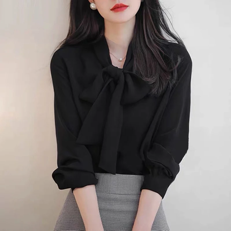 

Fashionable Black Bowtie Chiffon Shirt Women's Autumn Sash Professional Atmosphere Top 2025 New Style Commute Style Long Sleeve