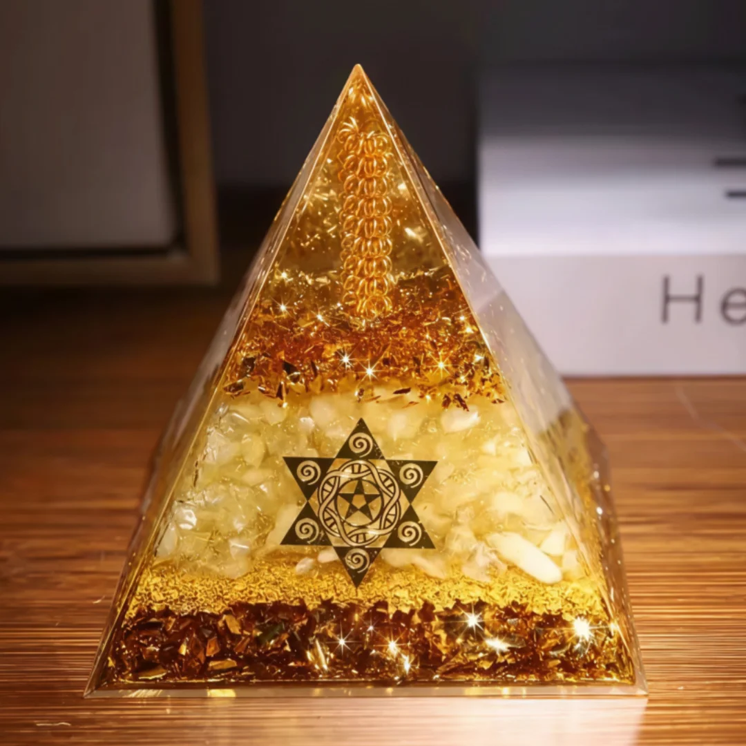 1pc Orgonite Pyramid with Star of David, Citrine Crystal Orgone Pyramid for Wealth & Luck, Ornament, Resin Craft, Festival Gift