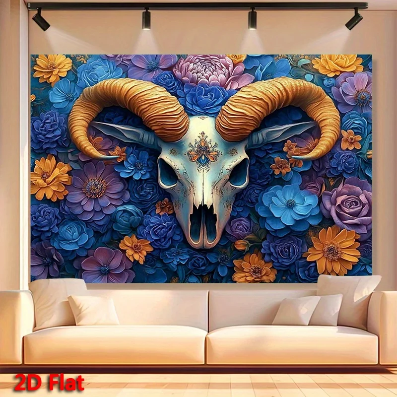 Ram Skull Floral Tapestry Wall Hanging Vibrant Blue Purple Gold Art Living Room Office Boho Gothic Decor