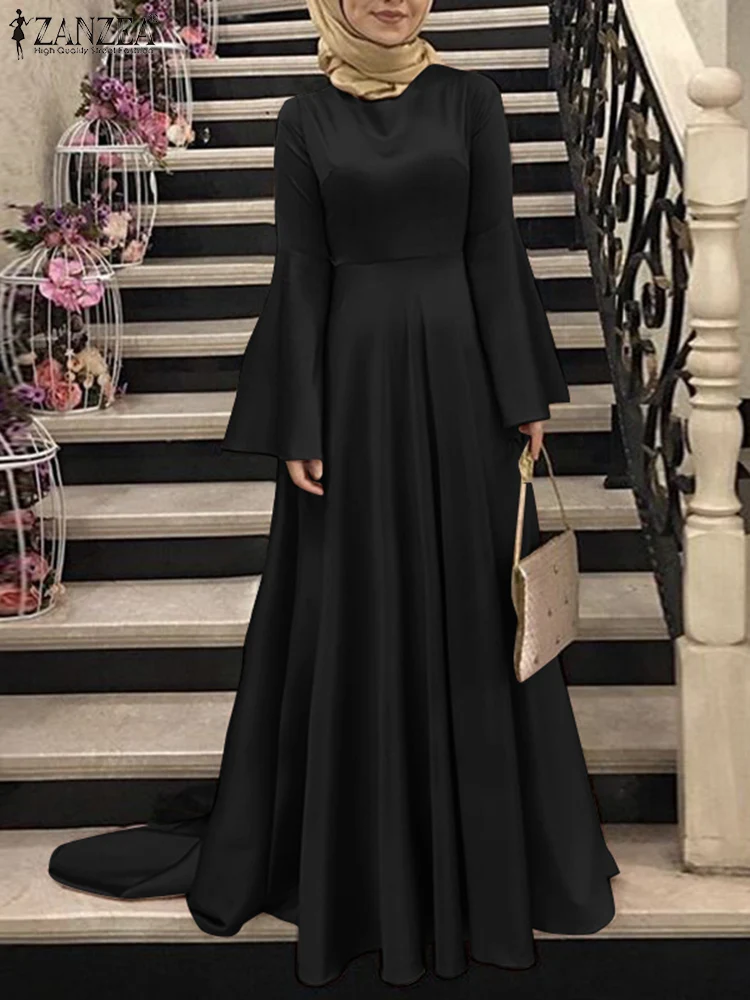 ZANZEA bahar müslüman kadın elbise parlama kol o-boyun katı Abaya Kaftan Sundress Femme moda rahat Dubai Abaya Robe 2023