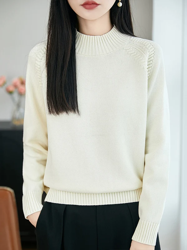 Thickened Pure Cotton Half High Collar Knitted Sweater Women Loose Overhead Long Sleeve Warm Base Shirt Casual Style Regular Fit
