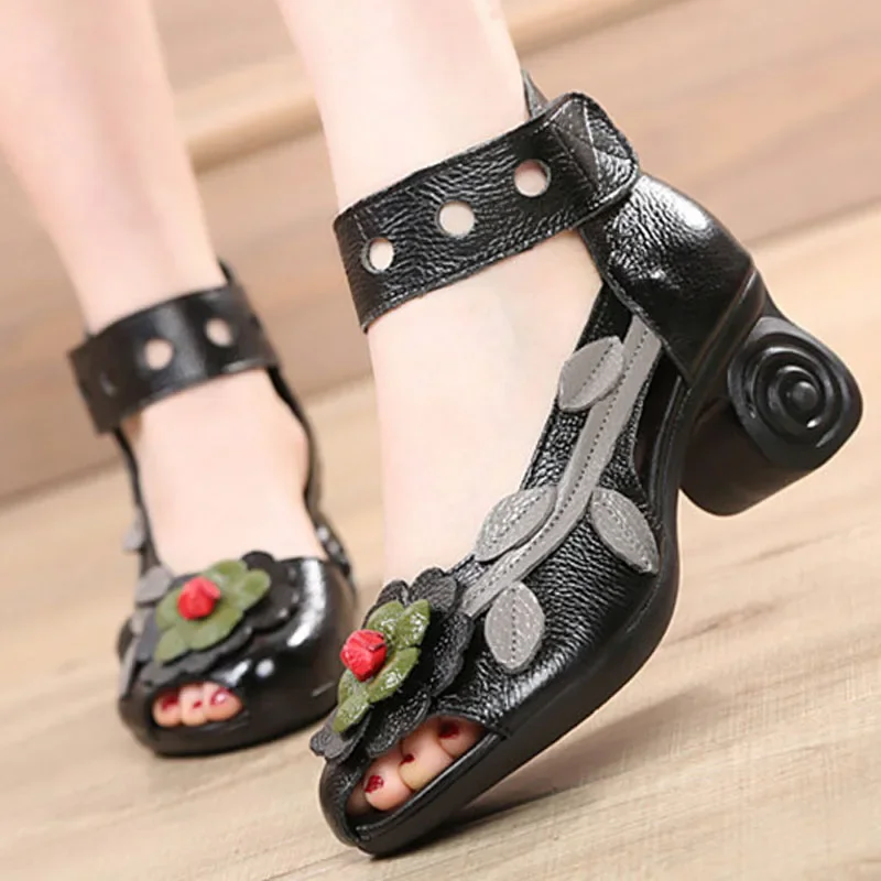 HOVINGESummer Genuine Leather Retro Style Chunky Heel Sandals Flower Open Toe Handmade Women High-Heeled Shoes Ladies\' Sandals