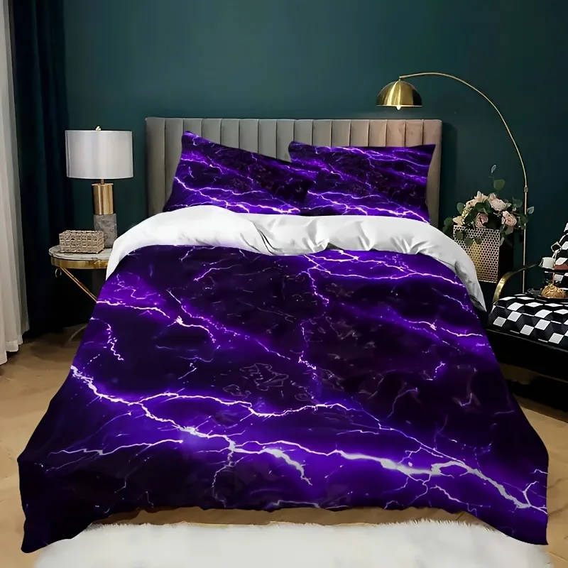 

Purple Lightning Duvet Cover Queen Thunder Print Bedding Sets 3 PCS For Kids Teen Adults Violet Room Decor Soft Comforter Covers