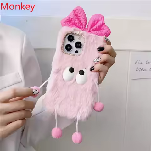 Plush Fur Cover Korea Pink Cute Cartoon 3D Bow Soft Cases For Samsung Galaxy S24 Ultra S23 S22 S21 FE S20 S10 S9 Plus Note 10 20