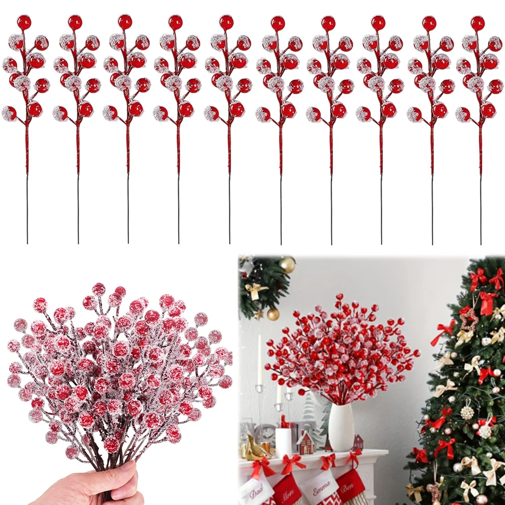 10Pcs Snowflake Red Berry Branch Christmas Artificial Berries Stem Holly Berry Fake Flowers Plant for Xmas Tree Party Home Decor