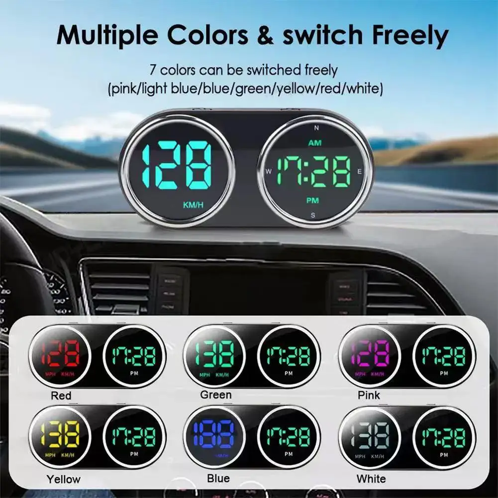 2025 Newest GPS Digital Speedomter Time Clock GPS HUD Over-speed Alarm KMH MPH Speed Meter 7-Color for All Cars Plug and Play