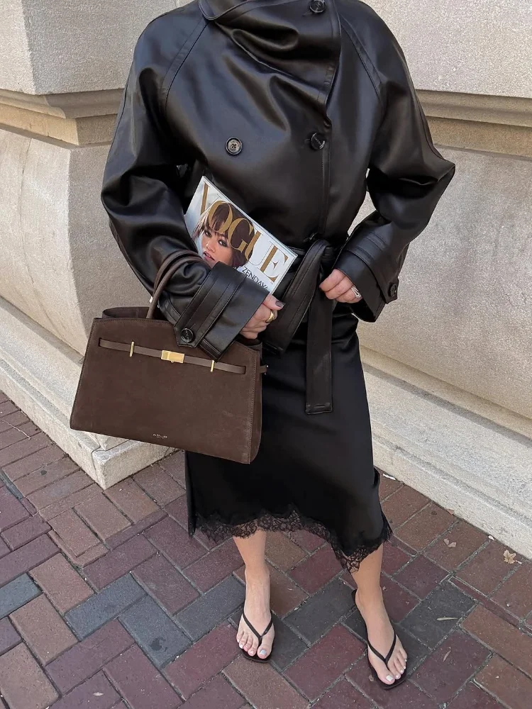 여성 레트로 터틀넥 가죽 재킷 패션 라펠 더블 브레스티드 루즈핏 벨트 아우터웨어 여성 가을 데일리 스트리트 코트