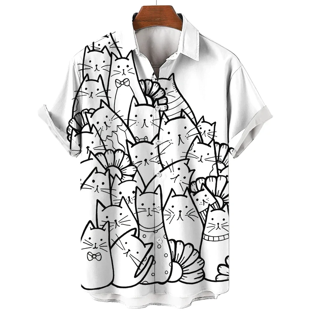 Camisa de botão manga curta masculina, top estampado padrão gato, linha dos desenhos animados, moda casual