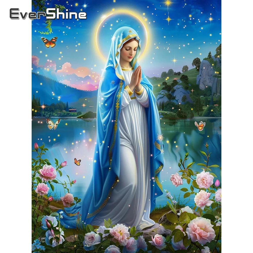 EverShine 5D Diamant-Mosaik Religiöses Bild Strass-Stickerei Jungfrau Maria Vollflächiges Quadratisches Gemälde Rosen-Wanddekoration