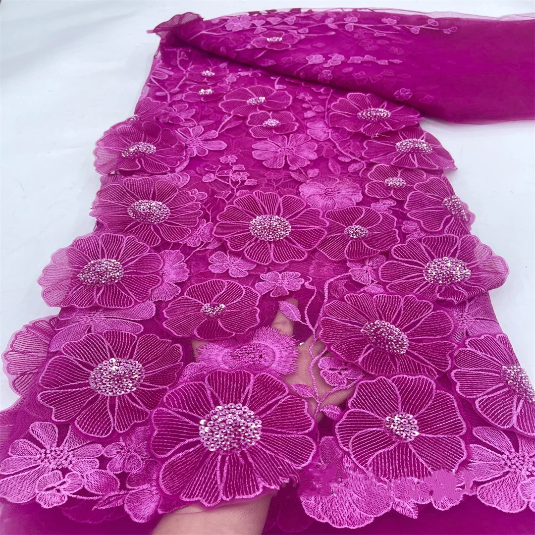 

3D Lace Flowers Fabric 2026 Exquisite Embroidery Sequins African Net Floral Fabrics For Prom Evening Dress
