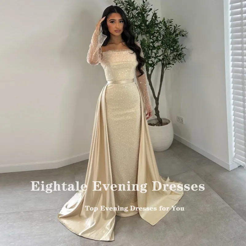 Eightale Luxury Evening Dresses Long Sleeves Sequin Mermaid Prom Gown with Detachable Skirt Customized Wedding Party Dress